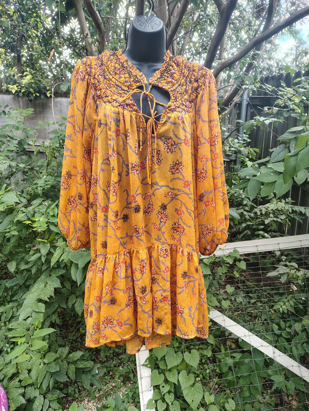 Free People Mustard Floral Smocked Tie-Front Mini Tunic Dress